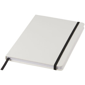 Spectrum weißes A5 Notizbuch mit farbigem Gummiband, weiss, schwarz bedrucken, Art.-Nr. 10713500