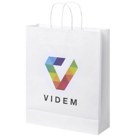 Kraftpapiertasche 80-90 g/m² mit gedrehten Griffen – 32 × 12 × 40 cm, weiss bedrucken, Art.-Nr. 1PQ00401