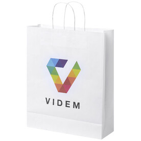 Kraftpapiertasche 80-90 g/m² mit gedrehten Griffen – 32 × 12 × 40 cm, weiss bedrucken, Art.-Nr. 1PQ00401