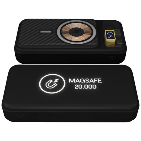 SCX.design P50 magnetische Powerbank 20.000 mAh mit Leuchtlogo, schwarz bedrucken, Art.-Nr. 1PX12990