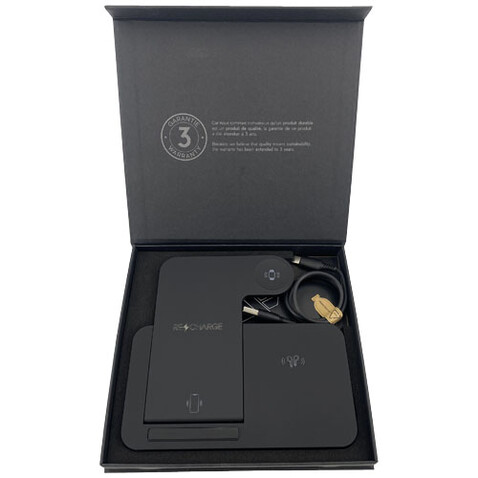 SCX.design W28 kabellose 3-in-1 Ladestation kabellos mit Telefonständer und Leuchtlogo, schwarz bedrucken, Art.-Nr. 1PX13590