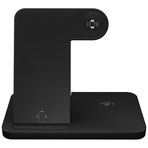 SCX.design W28 kabellose 3-in-1 Ladestation kabellos mit Telefonständer und Leuchtlogo, schwarz bedrucken, Art.-Nr. 1PX13590