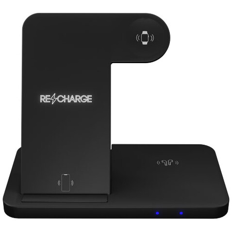 SCX.design W28 kabellose 3-in-1 Ladestation kabellos mit Telefonständer und Leuchtlogo, schwarz bedrucken, Art.-Nr. 1PX13590