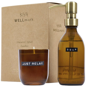 Wellmark Discovery Seifenspender und Duftkerze ´Bambus´-Set, 200 ml (Spender) und 150 g (Duftkerze), amber heather bedrucken, Art.-Nr. 12630811