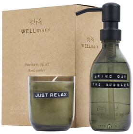 Wellmark Discovery Seifenspender und Duftkerze ´dunkler Bernstein´-Set, 200 ml (Seifenspender) und 150 g (Duftkerze), waldgrün bedrucken, Art.-Nr. 12631164