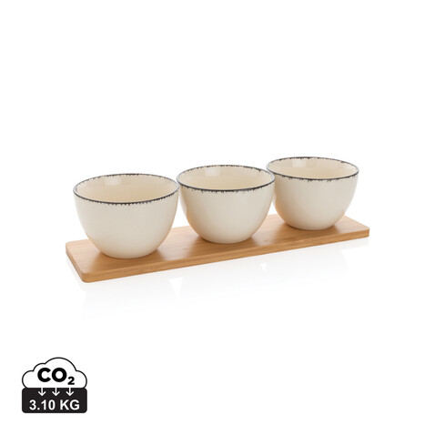 3-tlg. Ukiyo Servierschalen-Set mit Bambustablett weiß, schwarz bedrucken, Art.-Nr. P263.061