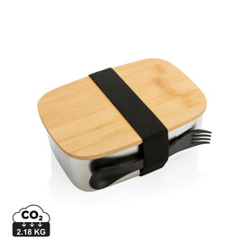 Stainless Steel Lunchbox mit Bambus-Deckel und Göffel silber bedrucken, Art.-Nr. P269.622 Stainless Steel Lunchbox mit Bambus-Deckel und Göffel silber bedrucken, Art.-Nr. P269.622