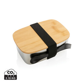 Stainless Steel Lunchbox mit Bambus-Deckel und Göffel silber bedrucken, Art.-Nr. P269.622