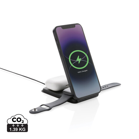 Swiss Peak 15W 3-in-1 magnetischer Wireles Charger aus rPU schwarz bedrucken, Art.-Nr. P308.541