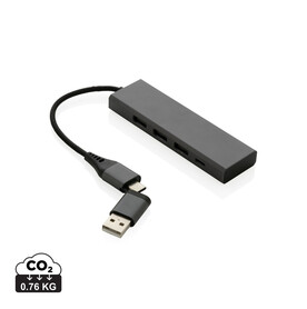 Terra Hub aus RCS recyceltem Aluminium mit 3 USB-Anschlüssen grau bedrucken, Art.-Nr. P308.682