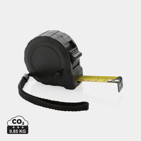 5m/19mm Maßband mit Stop-Taste aus RCS recycelt. Kunststoff schwarz bedrucken, Art.-Nr. P112.131