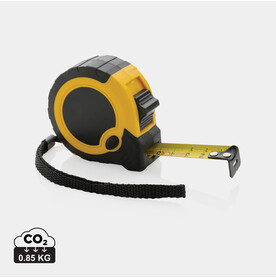 5m/19mm Maßband mit Stop-Taste aus RCS recycelt. Kunststoff gelb, schwarz bedrucken, Art.-Nr. P112.136