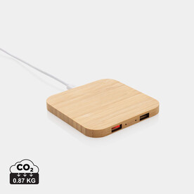 10W Wireless-Charger mit USB aus Bambus braun bedrucken, Art.-Nr. P308.379