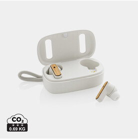 TWS-Ohrhörer aus recyceltem RCS-Kunststoff und Bambus weiß bedrucken, Art.-Nr. P329.863