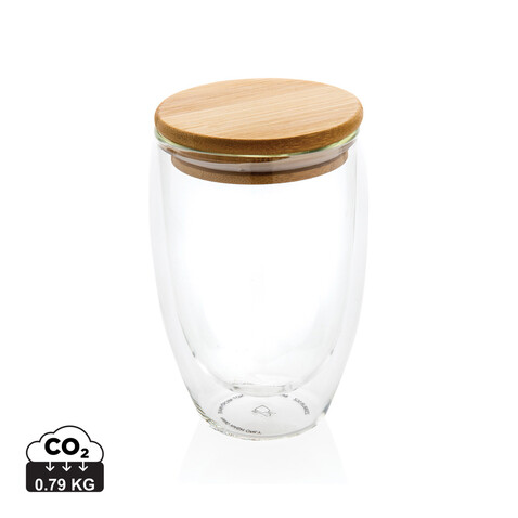 Doppelwandiges Borosilikatglas mit Bambusdeckel 350ml transparent bedrucken, Art.-Nr. P432.170