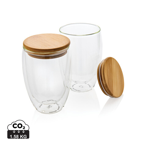 2-tlg Set Borosilikatgläser mit Bambusdeckel 350ml transparent bedrucken, Art.-Nr. P432.270