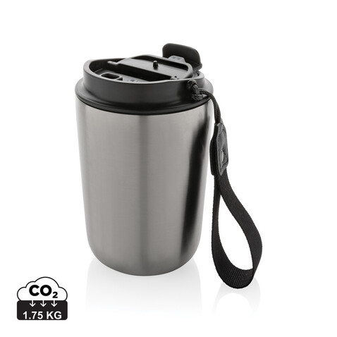 Cuppa Vakuumbecher aus RCS-Stahl mit Umhängeband silber, schwarz bedrucken, Art.-Nr. P435.022
