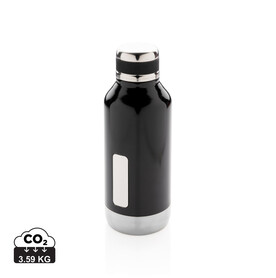 Auslaufsichere Vakuumflasche mit Logoplatte schwarz bedrucken, Art.-Nr. P436.671