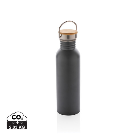 Moderne Stainless-Steel Flasche mit Bambusdeckel grau bedrucken, Art.-Nr. P436.832