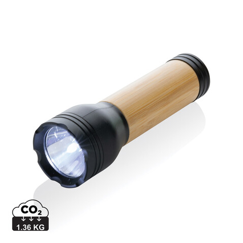 Lucid 3W Taschenlampe aus RCS recycelt. Kunststoff &amp; Bambus schwarz, braun bedrucken, Art.-Nr. P513.781
