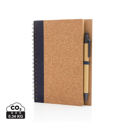 Kork Spiral-Notizbuch mit Stift blau bedrucken, Art.-Nr. P774.275