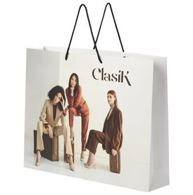Handgefertigte 170 g/m² Integra-Papiertüte mit Kunststoff Kordelgriffen – 45 × 10 × 35 cm, weiss bedrucken, Art.-Nr. 1ZB01201