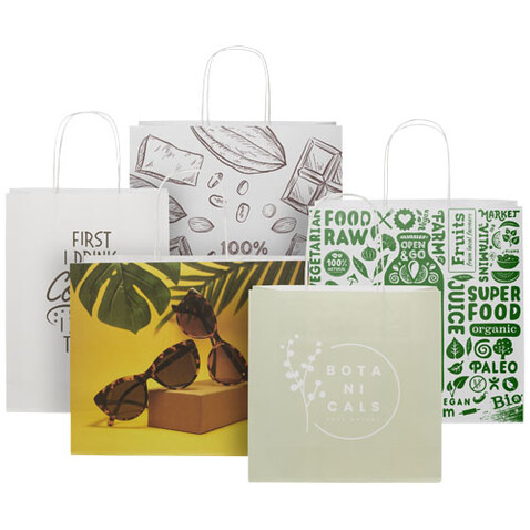 Kraftpapiertasche 120 /m² mit gedrehten Griffen – 24 × 9 × 24 cm, weiss bedrucken, Art.-Nr. 1ZM00601