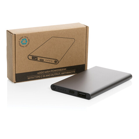 4.000mAh Type-C Powerbank aus RCS recyeltem ABS &amp; Aluminium anthrazit bedrucken, Art.-Nr. P322.420