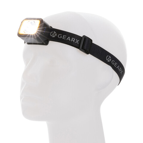 Gear X Hochleistungs-Kopflampe aus RCS rPlastik schwarz, grau bedrucken, Art.-Nr. P513.102