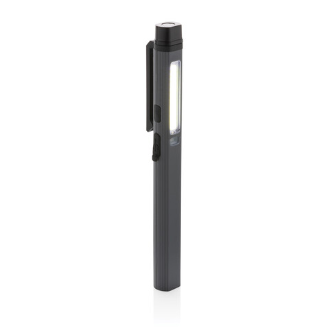 Gear X USB aufladbare Stiftleuchte aus RCS recyc. Kunststoff grau, schwarz bedrucken, Art.-Nr. P513.262