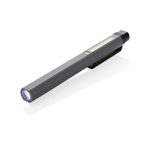 Gear X USB aufladbare Stiftleuchte aus RCS recyc. Kunststoff grau, schwarz bedrucken, Art.-Nr. P513.262