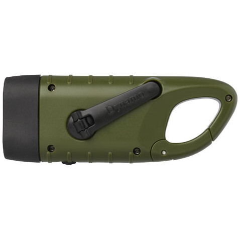 Helios Solar-Dynamo-Taschenlampe aus recyceltem Kunststoff mit Karabinerhaken, armeegrün bedrucken, Art.-Nr. 10457564