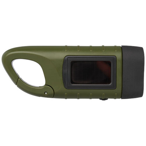 Helios Solar-Dynamo-Taschenlampe aus recyceltem Kunststoff mit Karabinerhaken, armeegrün bedrucken, Art.-Nr. 10457564