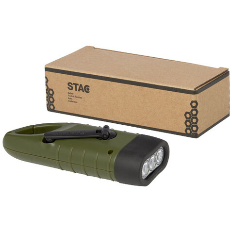 Helios Solar-Dynamo-Taschenlampe aus recyceltem Kunststoff mit Karabinerhaken, armeegrün bedrucken, Art.-Nr. 10457564