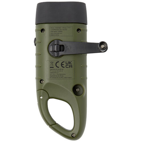 Helios Solar-Dynamo-Taschenlampe aus recyceltem Kunststoff mit Karabinerhaken, armeegrün bedrucken, Art.-Nr. 10457564