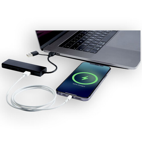 Rise USB 2.0 Hub aus recyceltem RCS Aluminium, schwarz bedrucken, Art.-Nr. 12434490