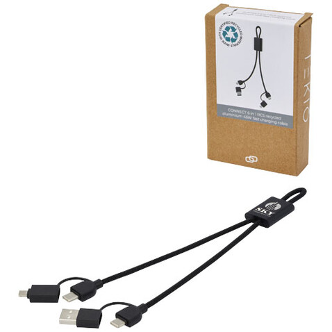 Connect 6-in-1 45W Schnelllade- &amp; Datentransferkabel aus recyceltem RCS Aluminium, schwarz bedrucken, Art.-Nr. 12434590