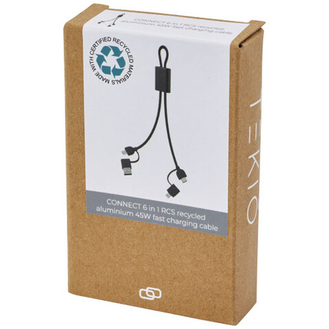 Connect 6-in-1 45W Schnelllade- &amp; Datentransferkabel aus recyceltem RCS Aluminium, schwarz bedrucken, Art.-Nr. 12434590