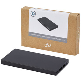 Connect 5000 mAh Powerbank aus recyceltem Aluminium, schwarz bedrucken, Art.-Nr. 12434990