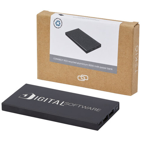 Connect 5000 mAh Powerbank aus recyceltem Aluminium, schwarz bedrucken, Art.-Nr. 12434990