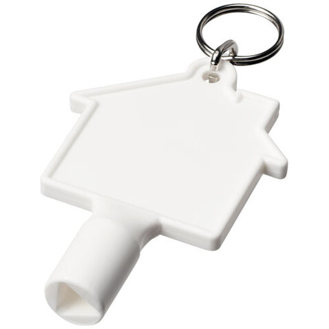 Maximilian Universalschlüssel in Hausform als Schlüsselanhänger aus recyceltem Kunststoff, weiss bedrucken, Art.-Nr. 21019501