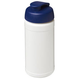 Baseline 500 ml recycelte Sportflasche mit Klappdeckel, weiss, blau bedrucken, Art.-Nr. 21046101