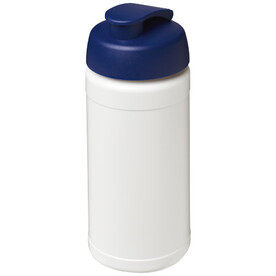 Baseline 500 ml recycelte Sportflasche mit Klappdeckel, weiss, blau bedrucken, Art.-Nr. 21046101