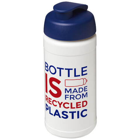Baseline 500 ml recycelte Sportflasche mit Klappdeckel, weiss, blau bedrucken, Art.-Nr. 21046101