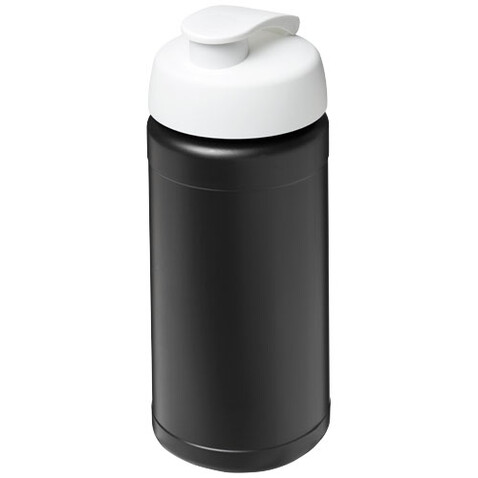 Baseline 500 ml recycelte Sportflasche mit Klappdeckel, schwarz, weiss bedrucken, Art.-Nr. 21046194