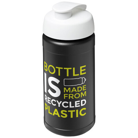 Baseline 500 ml recycelte Sportflasche mit Klappdeckel, schwarz, weiss bedrucken, Art.-Nr. 21046194