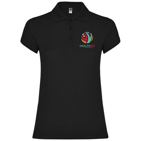 Star Poloshirt für Damen, schwarz bedrucken, Art.-Nr. R66343O2 Star Poloshirt für Damen, schwarz bedrucken, Art.-Nr. R66343O2