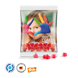 Maxitüte, 50 g, Folie transparent, Trolli Fruchtgummi Herz rot, 10% Fruchtsaft bedrucken, Art.-Nr. 1024.00020