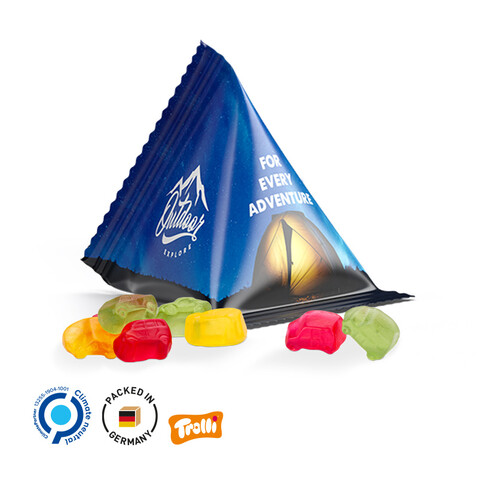 Fruchtgummi Tetraeder, Folie weiß, Trolli Fruchtgummi Auto-Mischung, 10% Fruchtsaft bedrucken, Art.-Nr. 1027.00045