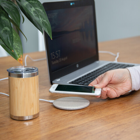 5W Weizenstroh Wireless Charger khaki bedrucken, Art.-Nr. P308.729
